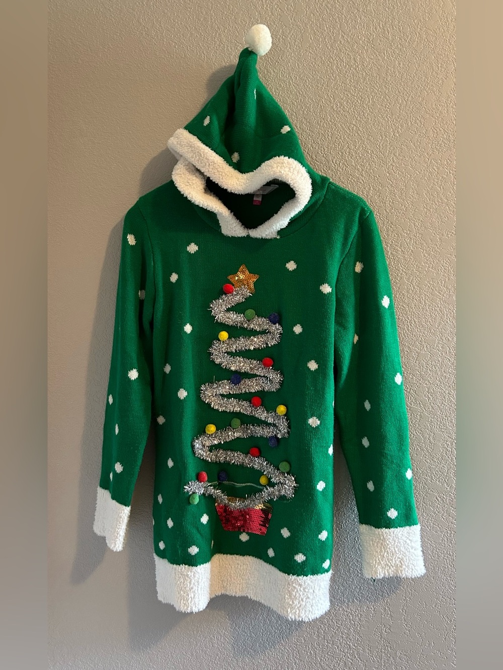 No Boundaries Green and White Hooded Holiday Sweater